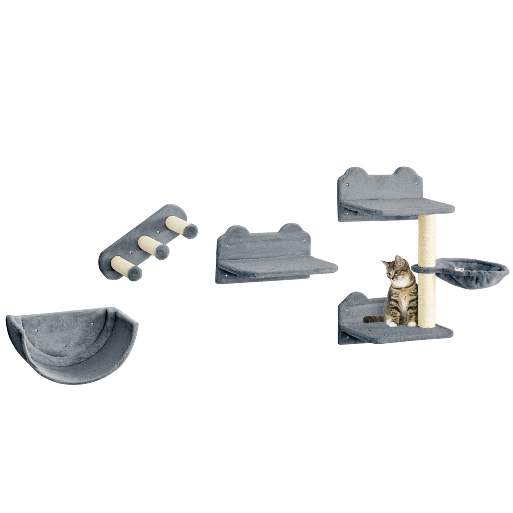 PawHut 4PCs Wall Mounted Cat Tree Cat Wall Shelves W/ Scratching Post Grey