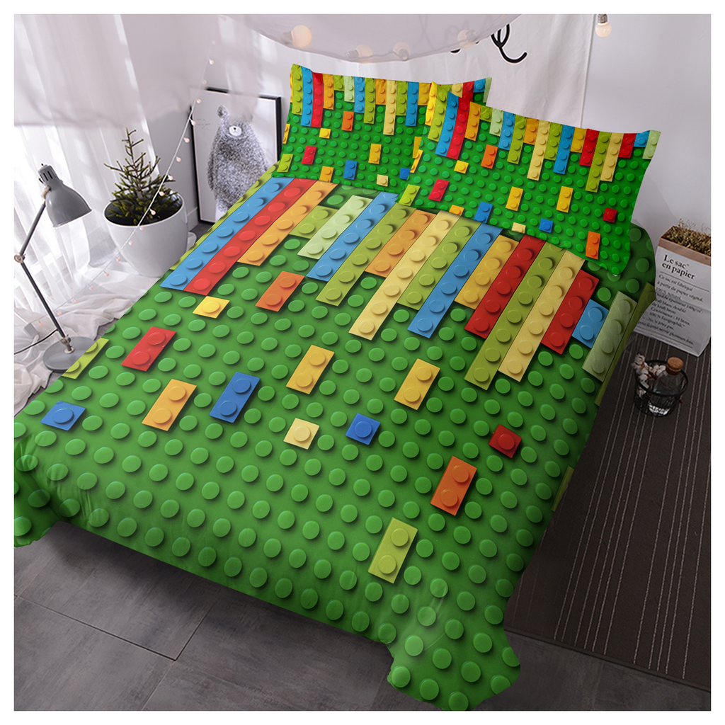 Green Blocks Duvet Cover Set Single 3pcs Colorful Microfiber Kids Bedding Set