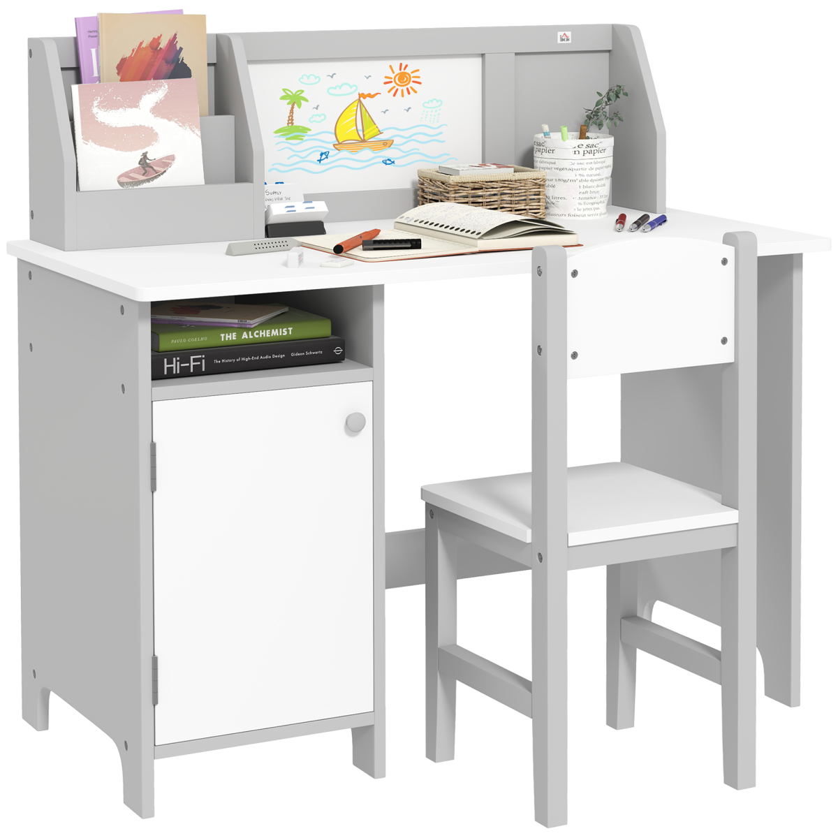 Two-Piece Childrens Table and Chair Set with Whiteboard Storage - Grey