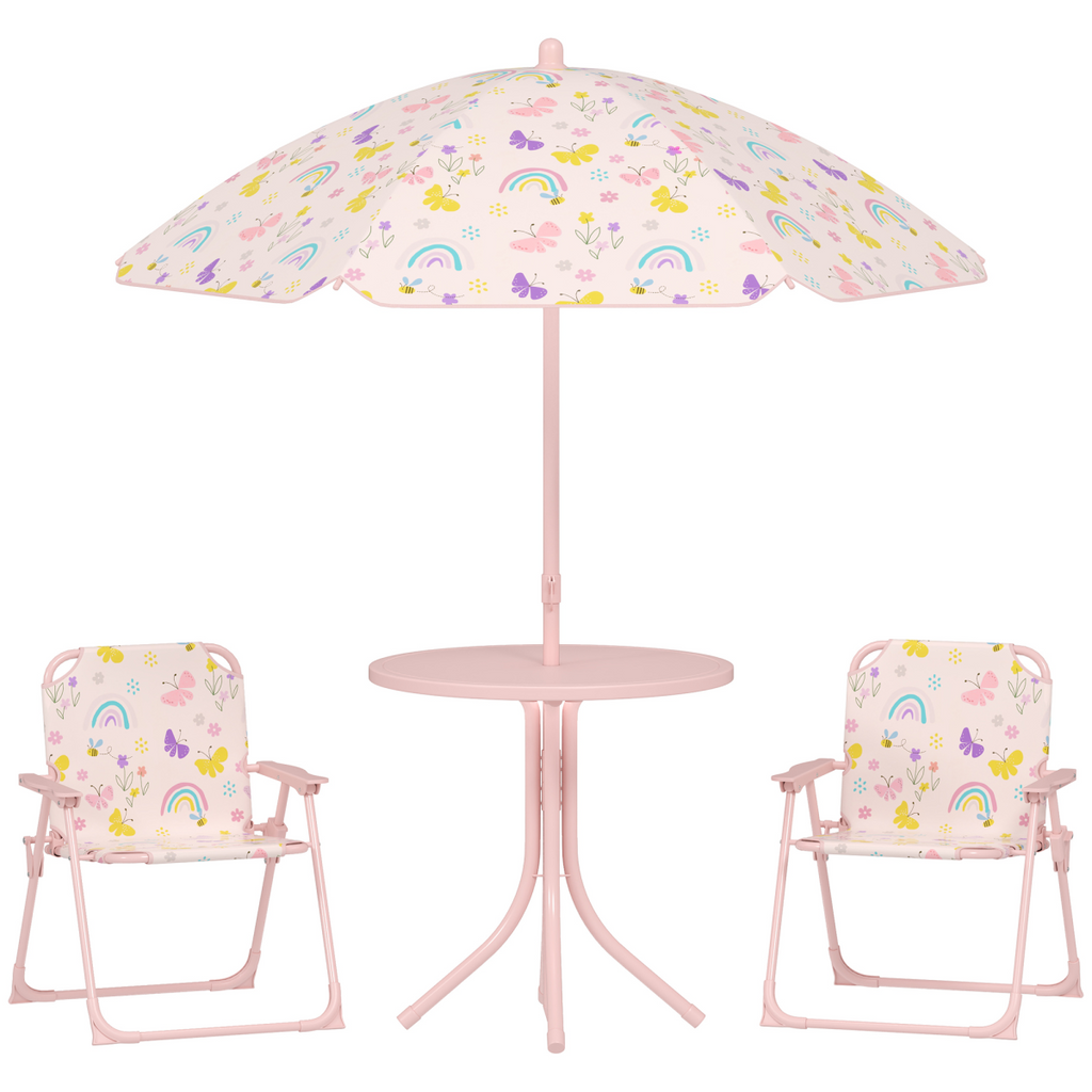 AIYAPLAY Kids Garden Table and Chair Set, Outdoor Patio Set w/ Parasol, Pink