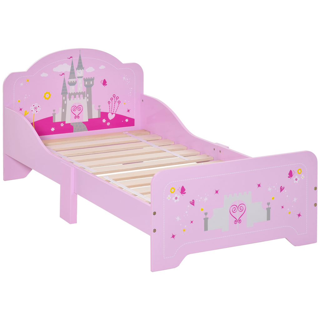 Kids Bed Princess Castle Theme with Side Rails Slats Home 3-6 Yrs Pink
