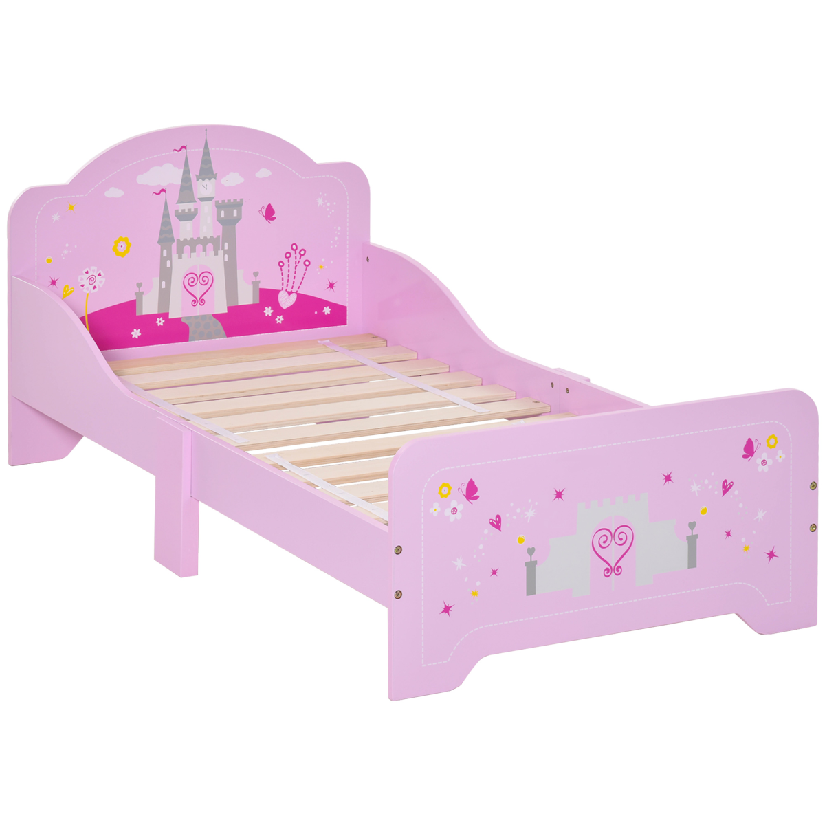 Kids Bed Princess Castle Theme with Side Rails Slats Home 3-6 Yrs Pink