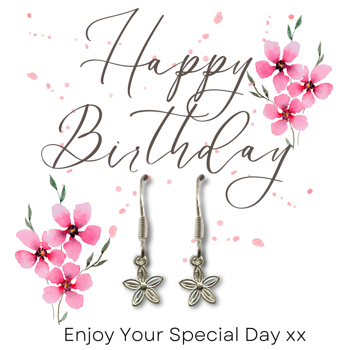 Happy Birthday Pink Flowers Gift Card & Dahlia Flower Drop Earrings