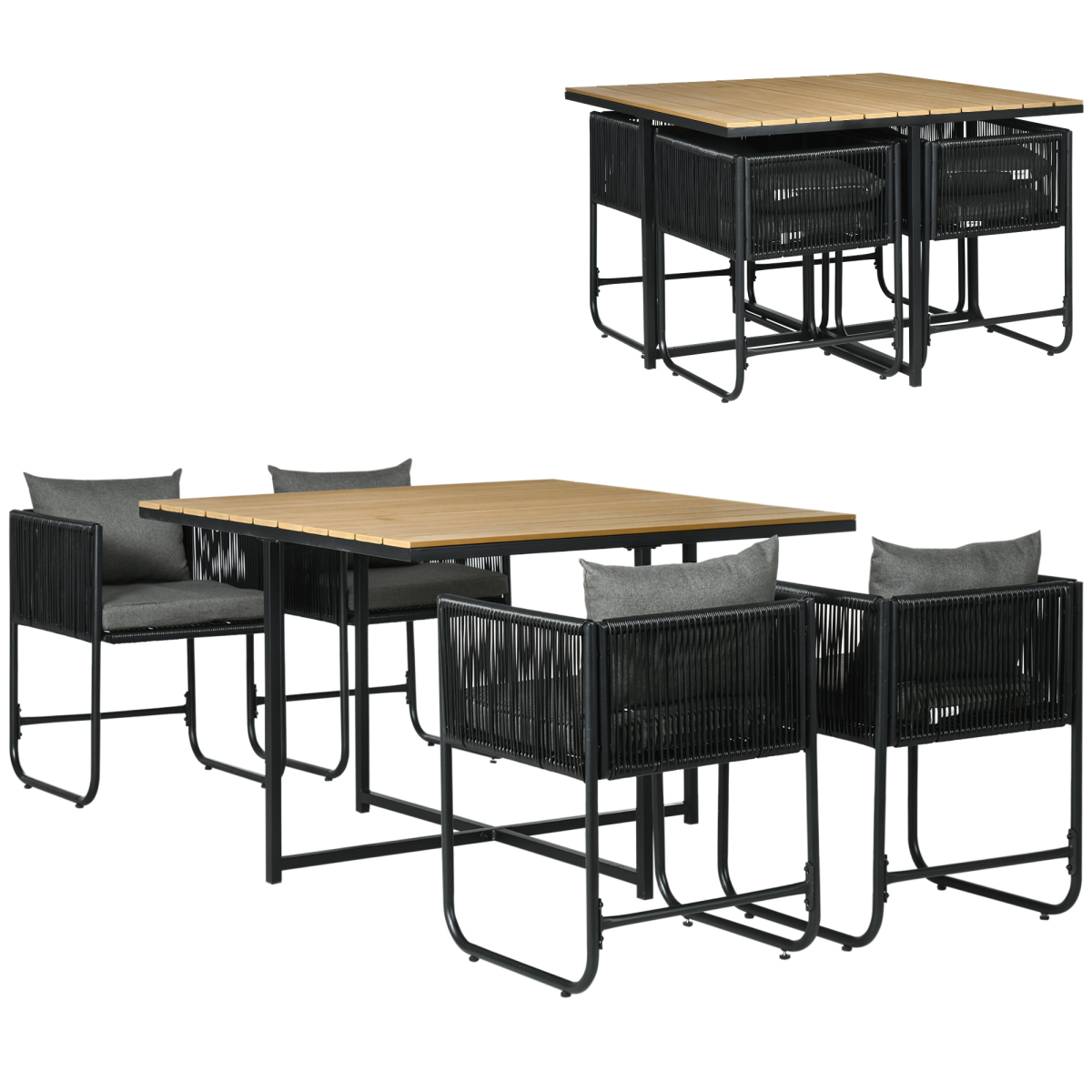 5-PC Rattan Dining Set, 4-seater Rattan Cube Dining Sets w/ Space-saving Design