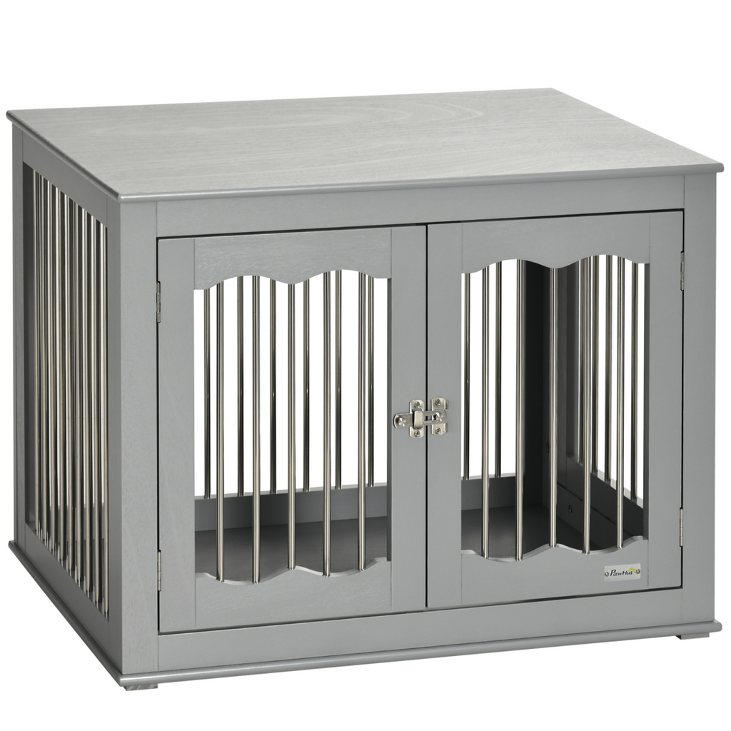 Wood Dog Crate Furniture W/ Three Doors, Locks & Latches, for Medium Dogs