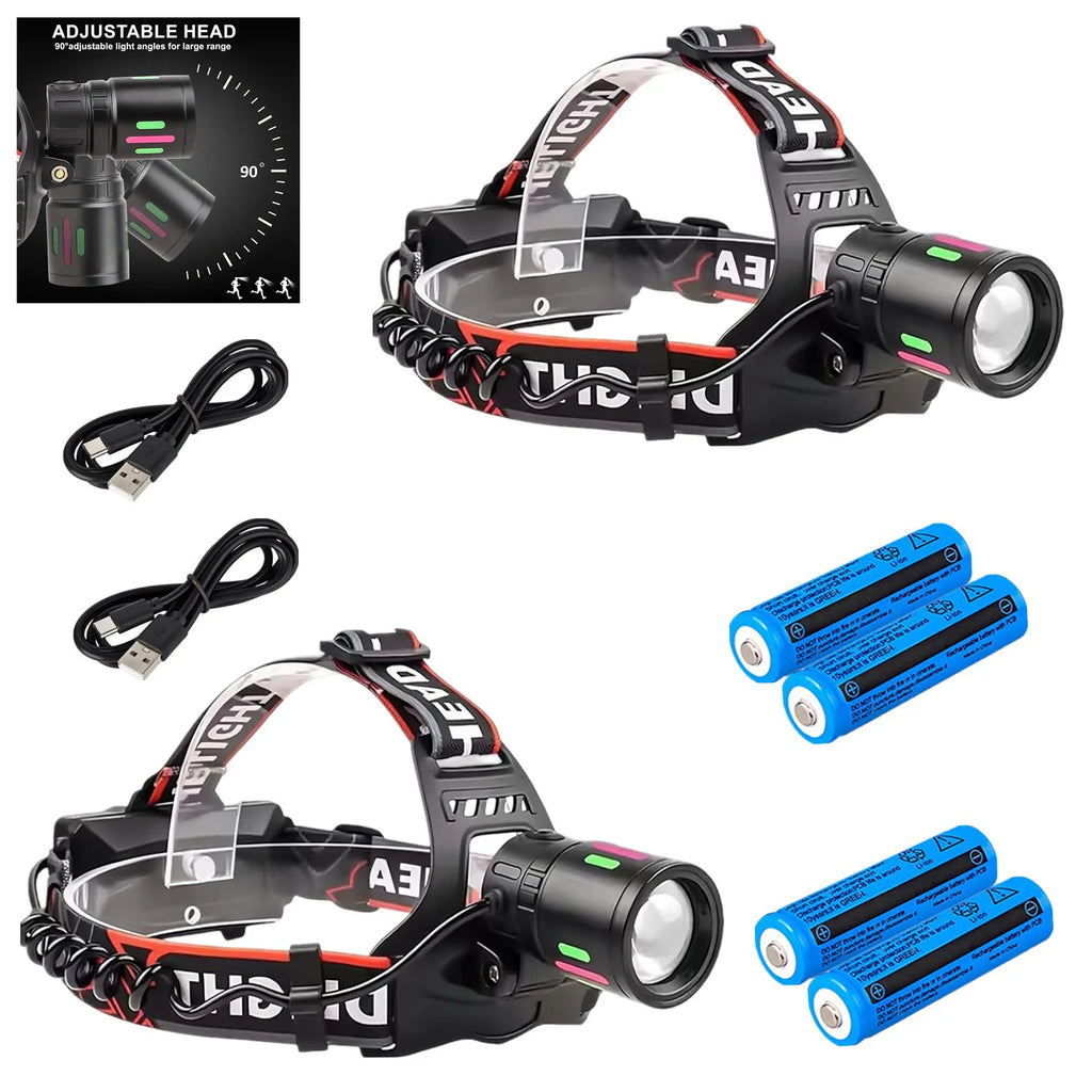 (2 Pack)USB Rechargeable LED Headlamp Zoomable 3-Modes Camping Hiking HeadLamp Worklight