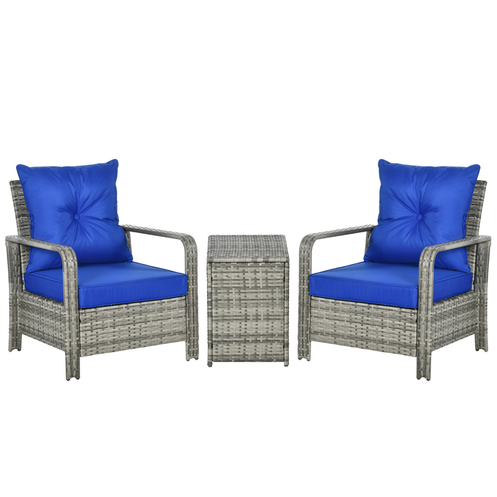 3 PCs PE Rattan Garden Sofa Set w/ 2 Chairs & Storage Table Mixed Grey