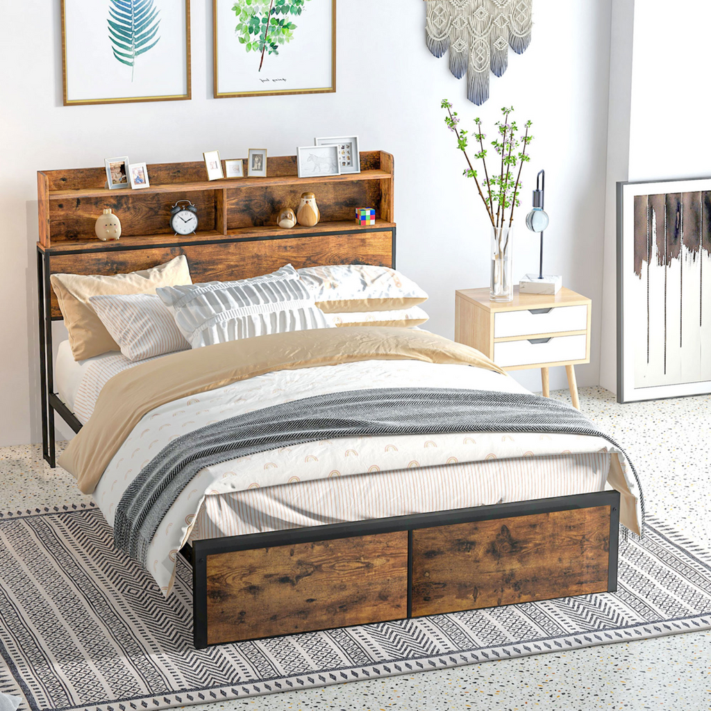 HOMCOM 4.8FT Double Bed Frame with Storage Headboard and Under Bed Storage