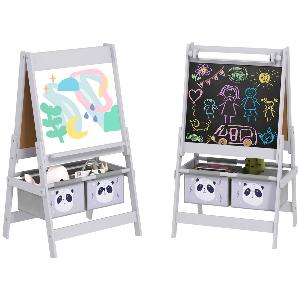 AIYAPLAY Kids Easel with Paper Roll, Blackboard, Whiteboard, Storage, Grey