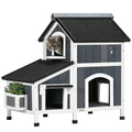 PawHut – Wooden – Cat – House – Outdoor with Flower Pot, – Window, Multiple – Entrances