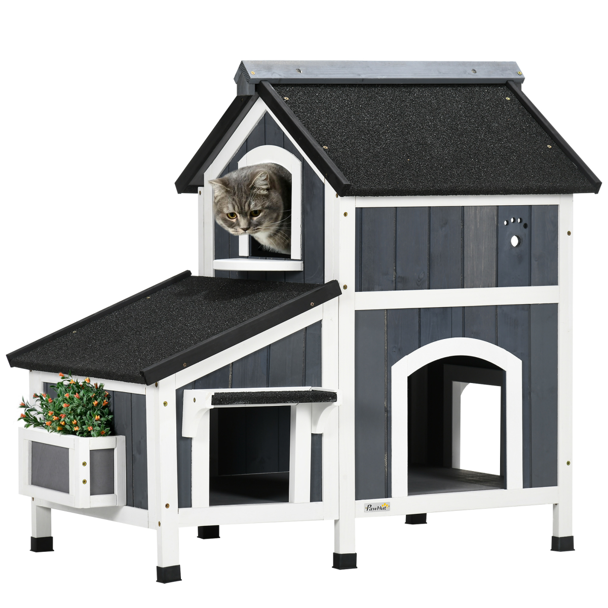 PawHut – Wooden – Cat – House – Outdoor with Flower Pot, – Window, Multiple – Entrances