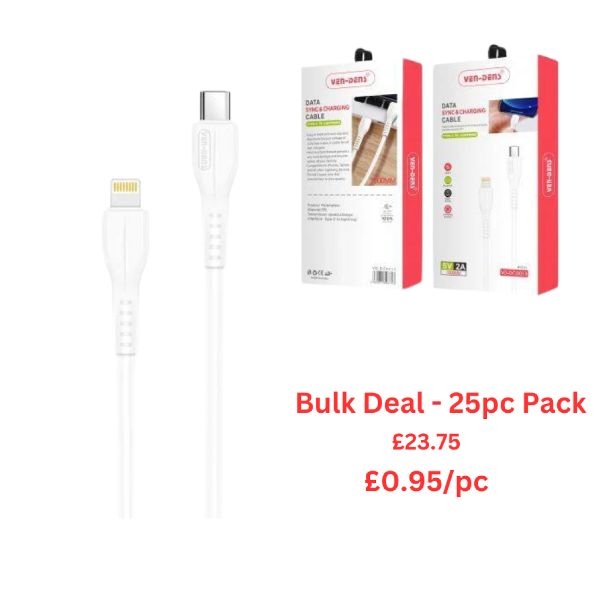 Ven-Dens Type C to Lightning Fast Charging Cable - Bulk Deal - 25PC