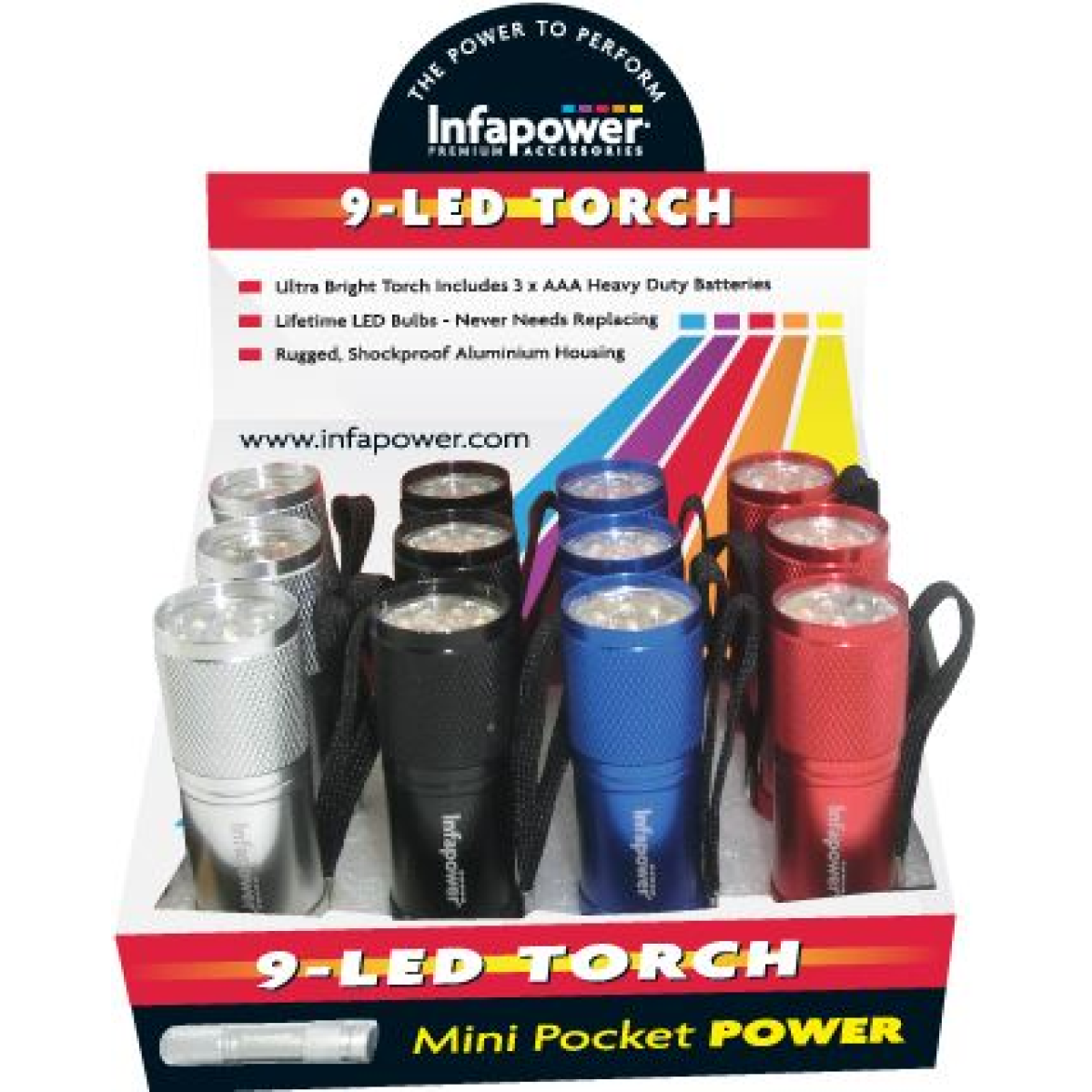 Infapower 9-LED Torch Ultra Bright Shockproof Aluminium (Pack of 12)