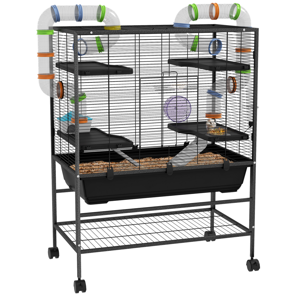 PawHut Large Hamster Cage, Rat Cage with Wheels, Tubes, Storage Shelf, Ramps