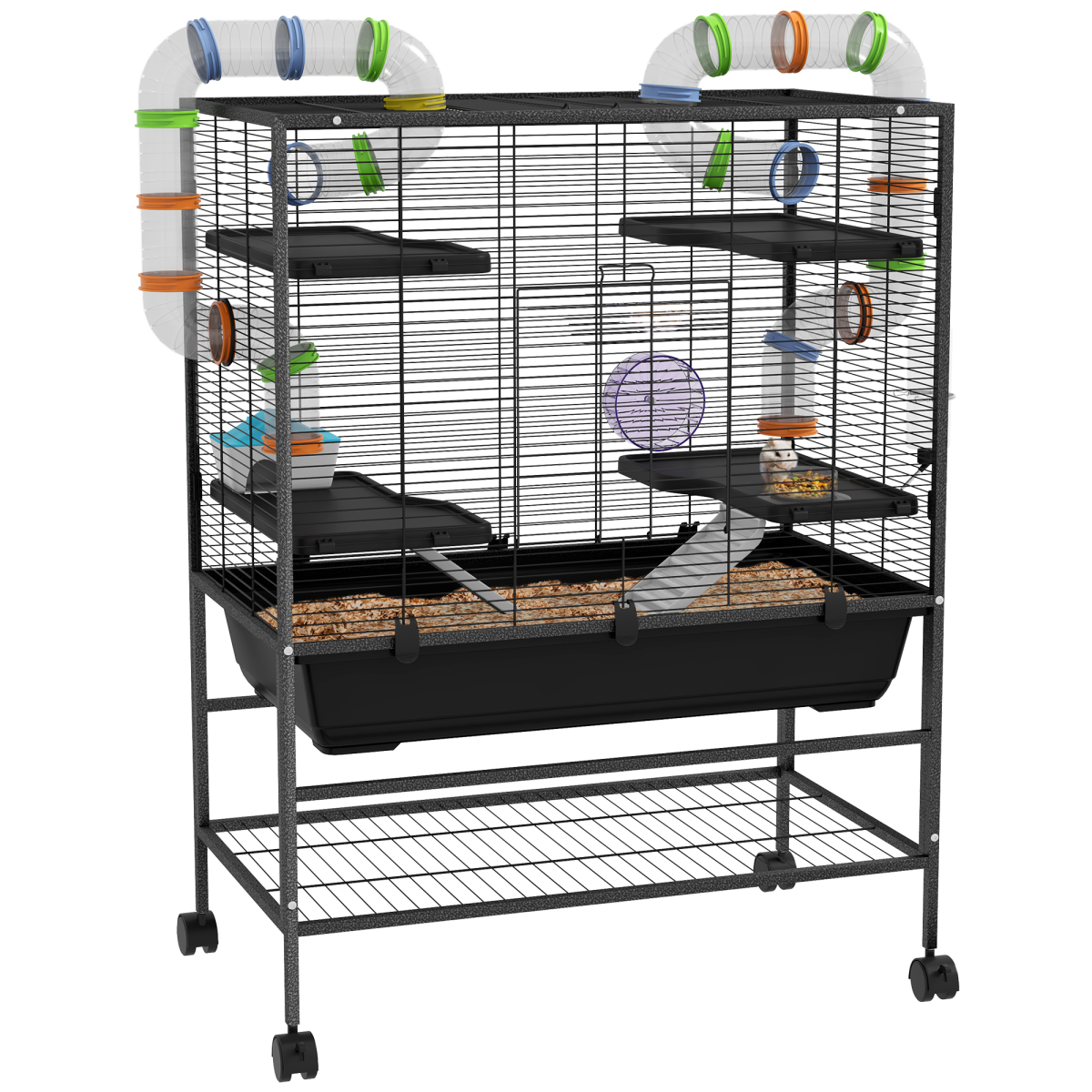 PawHut Large Hamster Cage, Rat Cage with Wheels, Tubes, Storage Shelf, Ramps