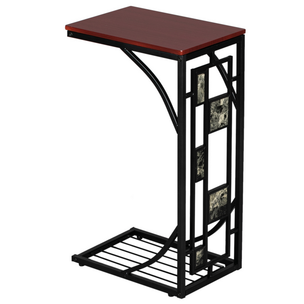 C-Shaped End Table with Gravel Pattern, Brown Top & Black Powder-Coated Base
