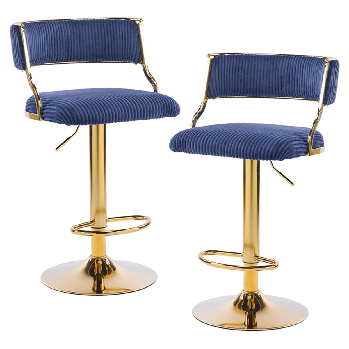 2pcs Blue Corduroy Swivel Bar Stools with Gold Plated Trumpet Base and Height