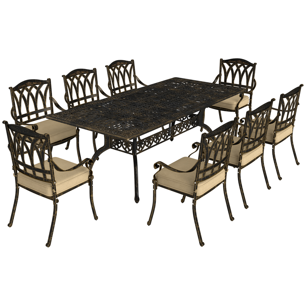 Elegant Nine-Piece Dining Set with Cushions & Parasol Hole for Outdoor Use