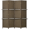 4-Panel Folding Wall Divider Room with Shelves, Privacy Screen Panels, Brown