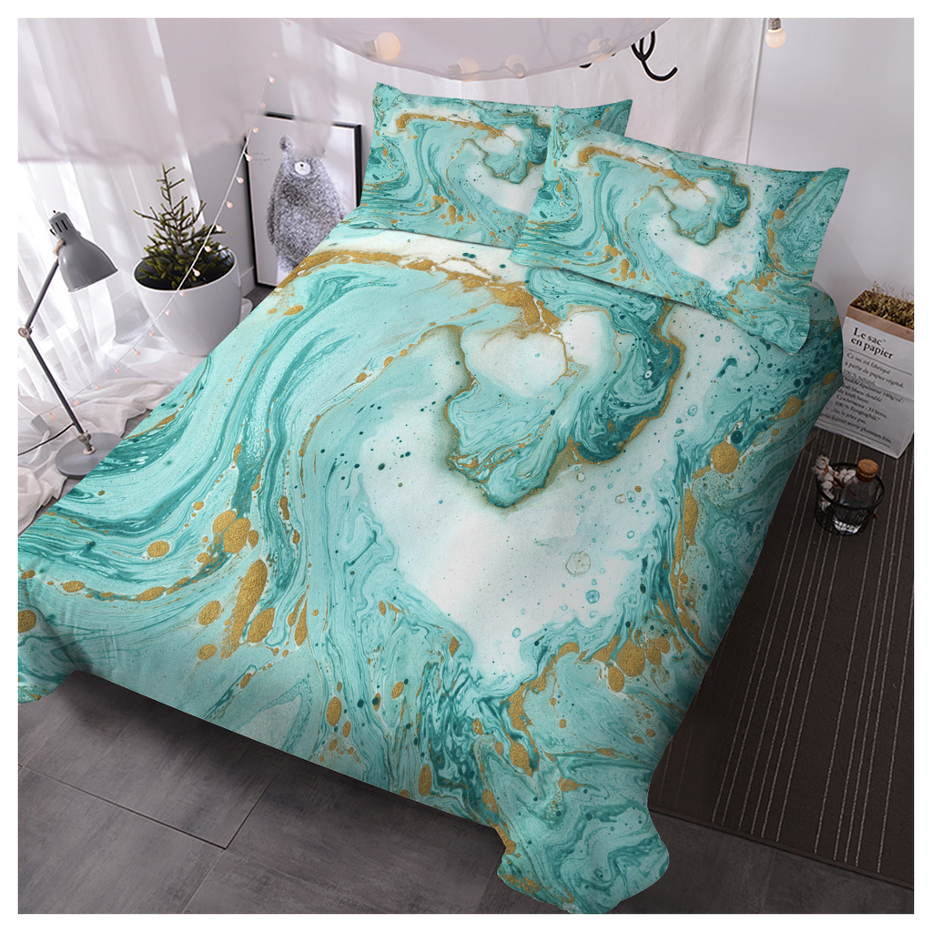 Chic Girly Marble Duvet Cover Mint Gold Glitter Turquoise Bedding Comforter Set Abstract Aqua Teel Blue Duvet Cover(Double)