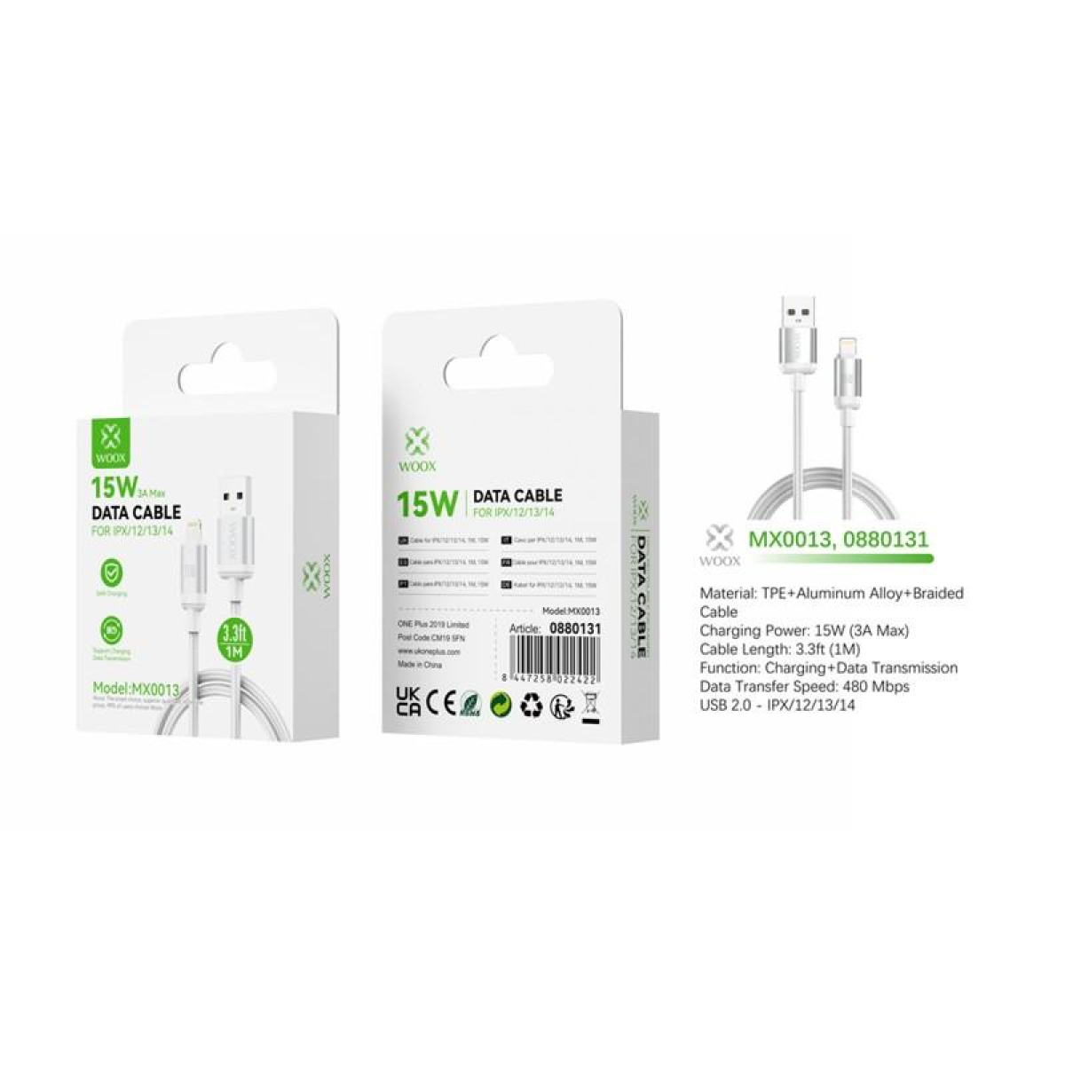 Woox MX0013 USB to Lightning Braided Data Cable, 15W, 3.3ft 1m, White