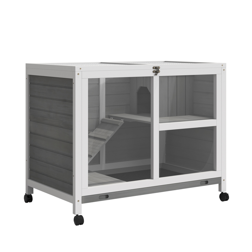 Wood Rabbit Hutch Bunny Cage Pet House Indoor W/ Tray Ramp, Grey Pawhut