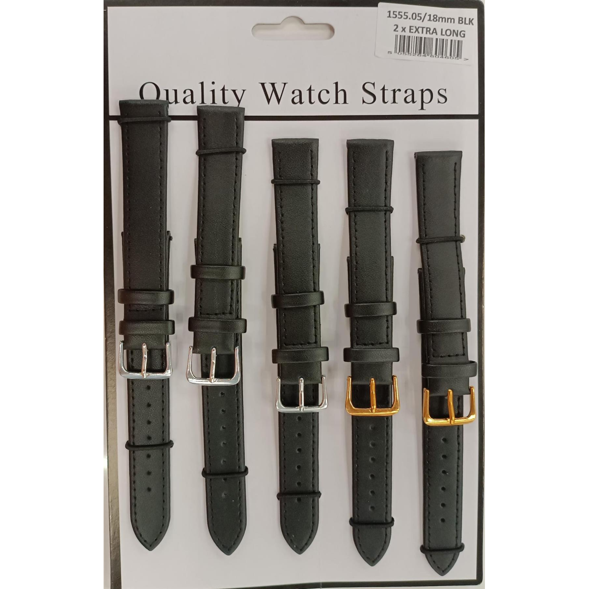 1555.05BK 18MM 2X Extra Long Black Leather Watch Straps Pack of 5