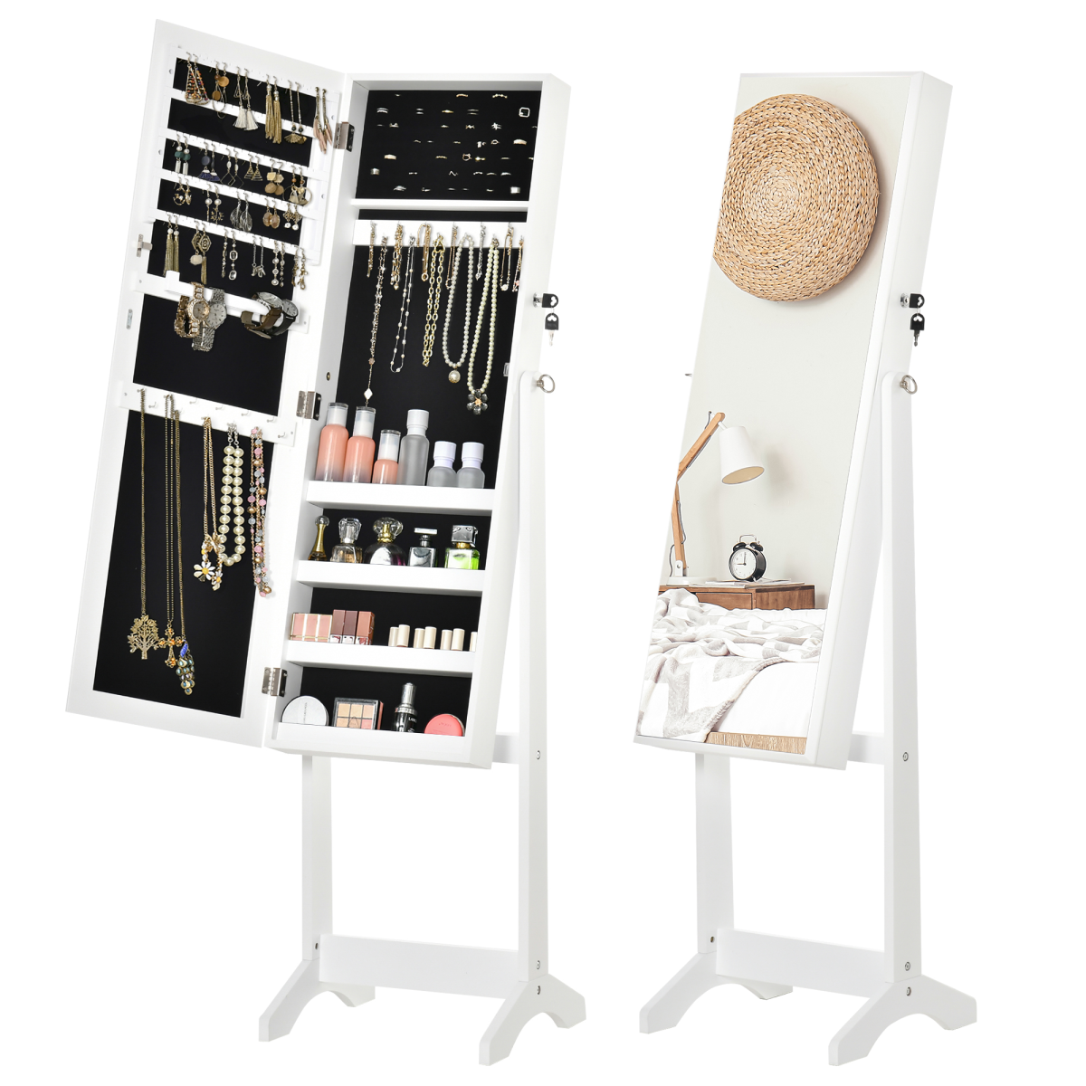Mirrored Jewellery Cabinet Lockable Jewellery Organiser White