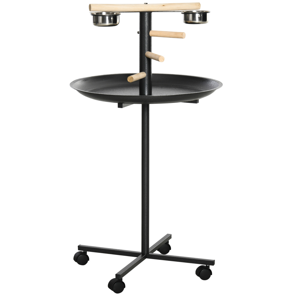 Bird Play Stand Portable Feeder Station w/ Wooden Perches, Stainless Steel Bowls