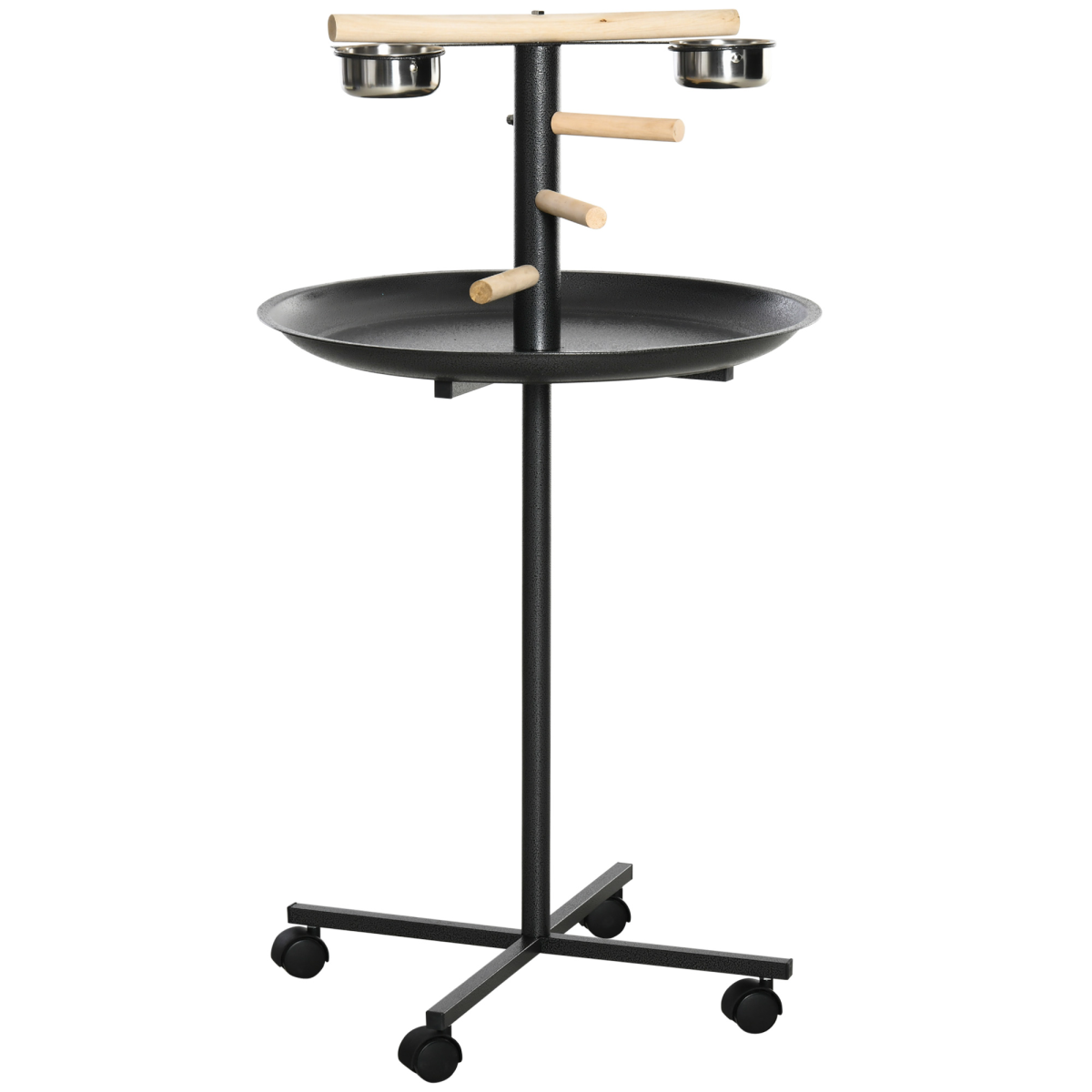 Bird Play Stand Portable Feeder Station w/ Wooden Perches, Stainless Steel Bowls