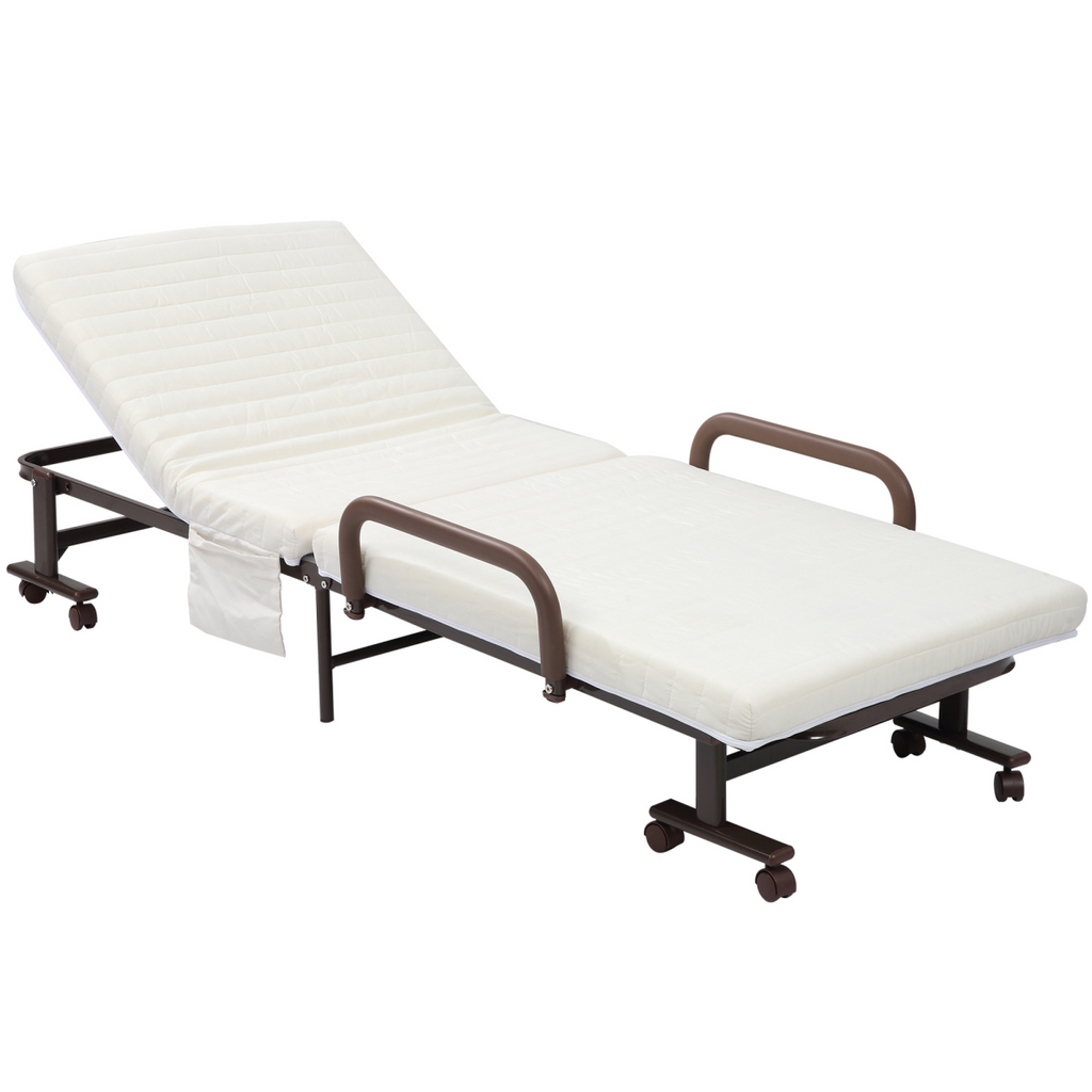 Folding Bed with Mattress & Wheels, Adjustable Backrest, Brown