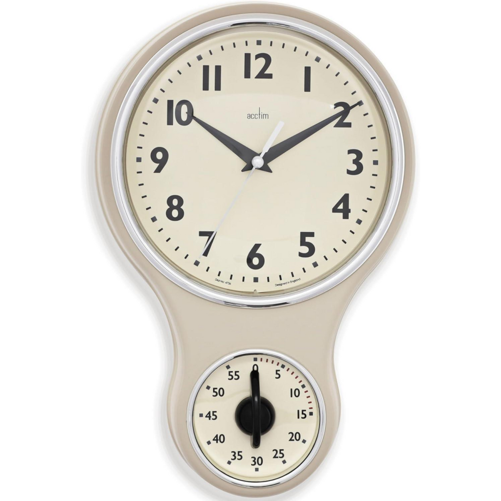 Acctim Kitchen Time 20cm Timer Quartz Retro Style Domed Glass Lens Cream Wall