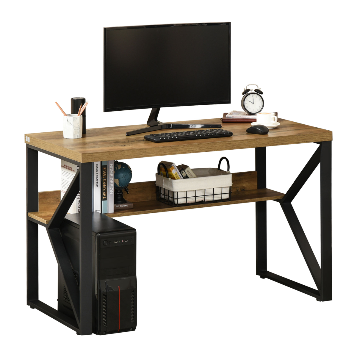 Computer Writing Desk K-Shaped Steel Leg Storage Shelf Home Office