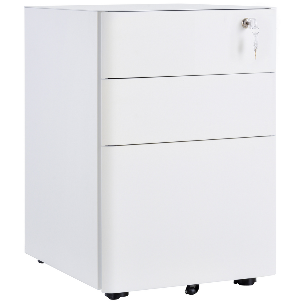 3 Drawer Metal Filing Cabinet Lockable 4 Wheels Compact Under Desk White