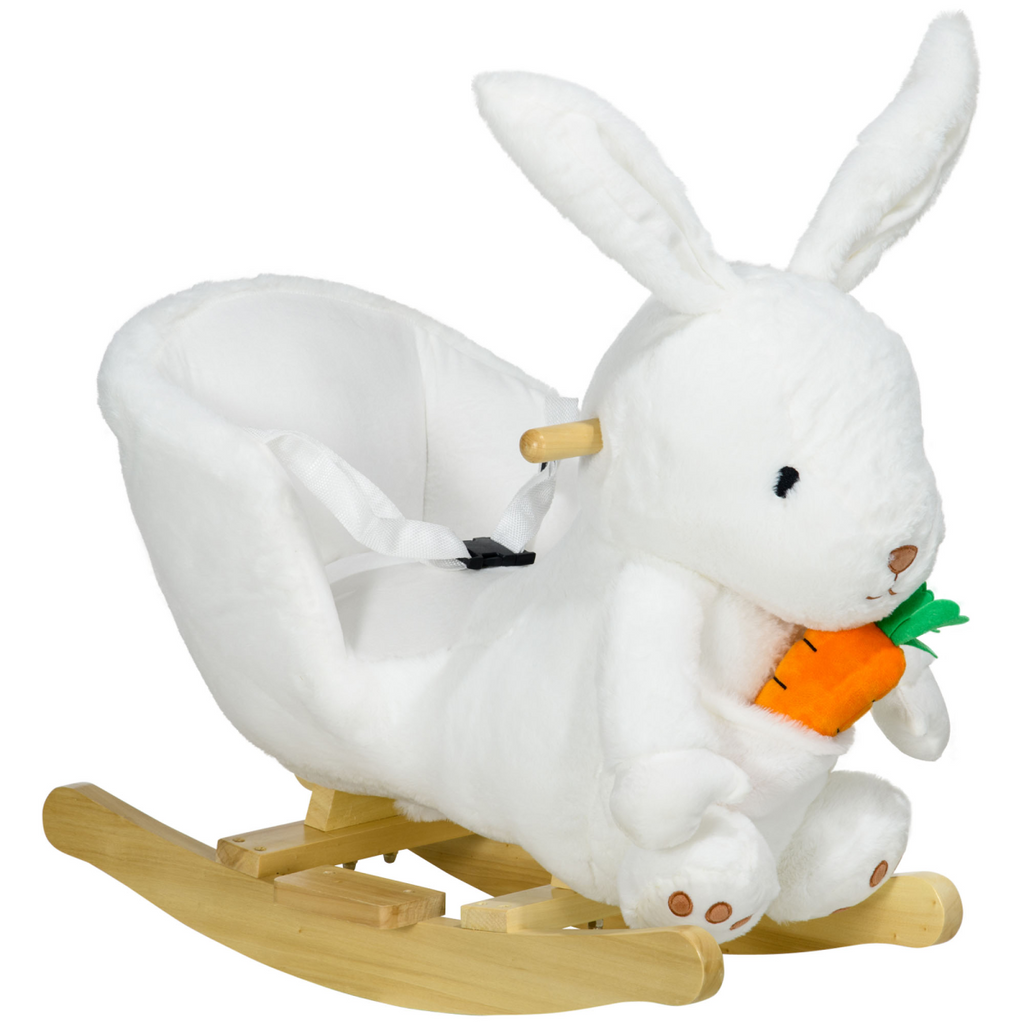 HOMCOM Kids Rabbit-Shaped Rocking Horse with Realistic Sounds Safety Belt White
