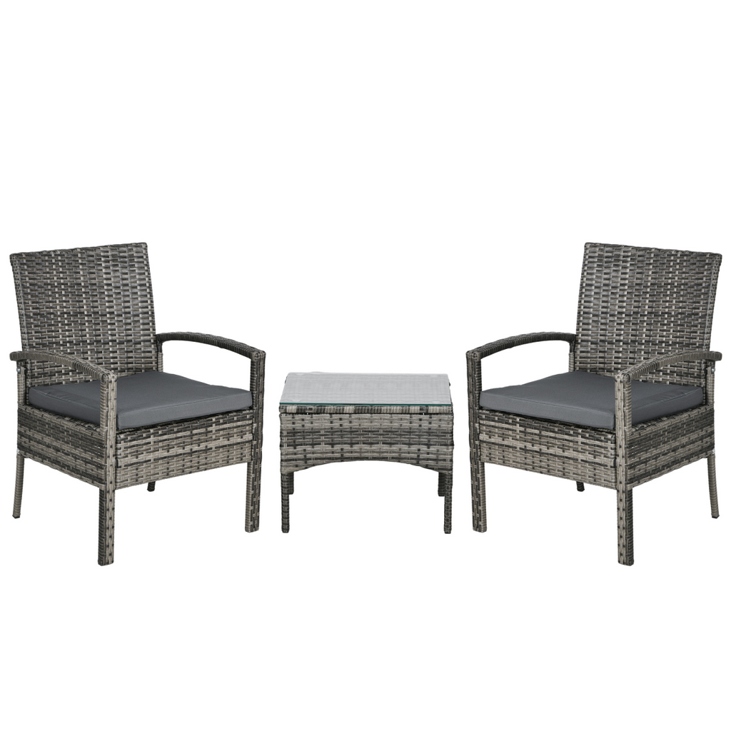 Outsunny 3PC Garden Rattan Bistro Set Balcony Dining Table Chair Mixed Grey