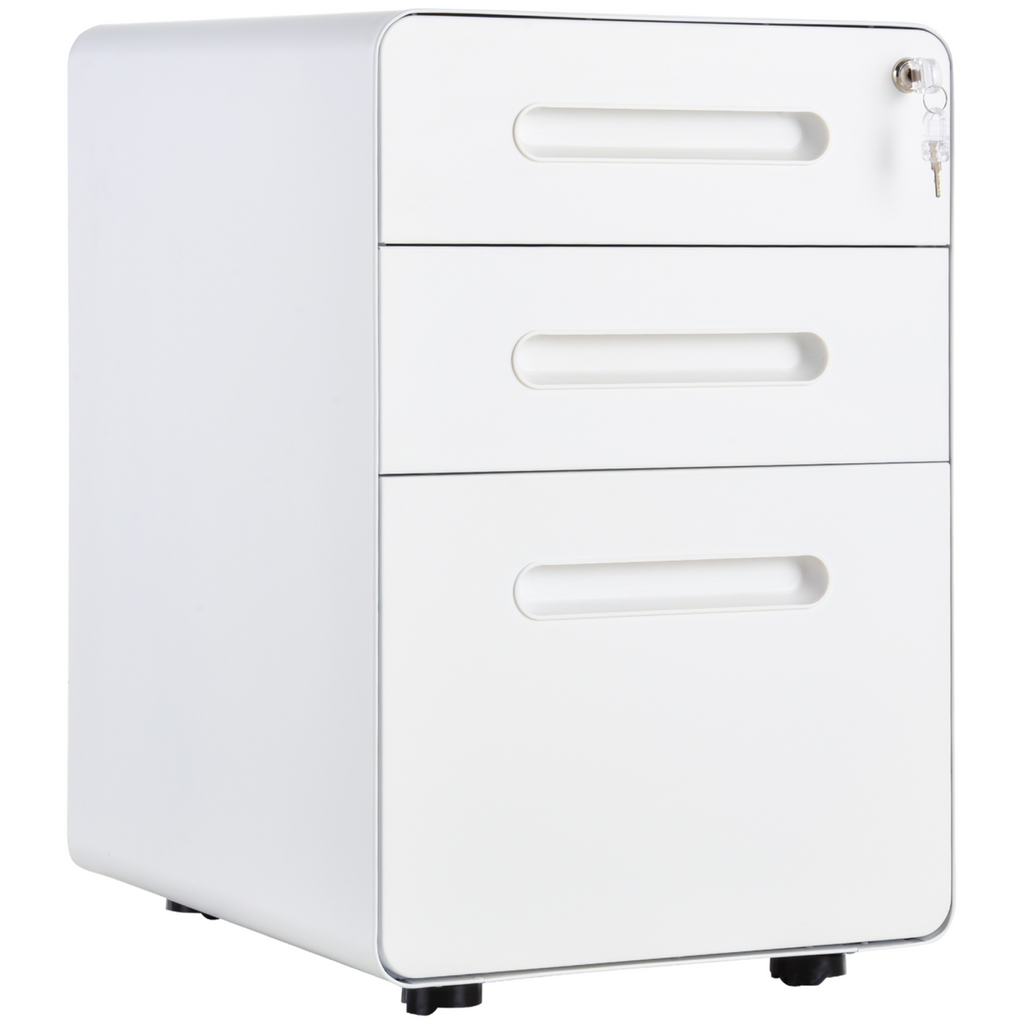 3 Draw Modern Steel Filing Cabinet w/ 4 Wheels Lock Pencil Box White Vinsetto