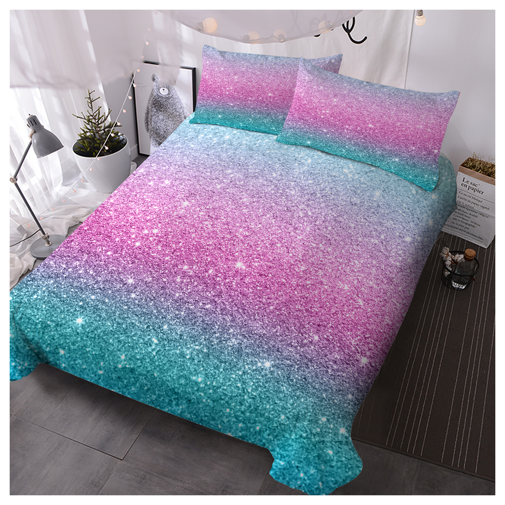 Girly Duvet Cover Rainbow Glitter Ombre Bedding Sets 3 Pcs Chic Unicorn Pink