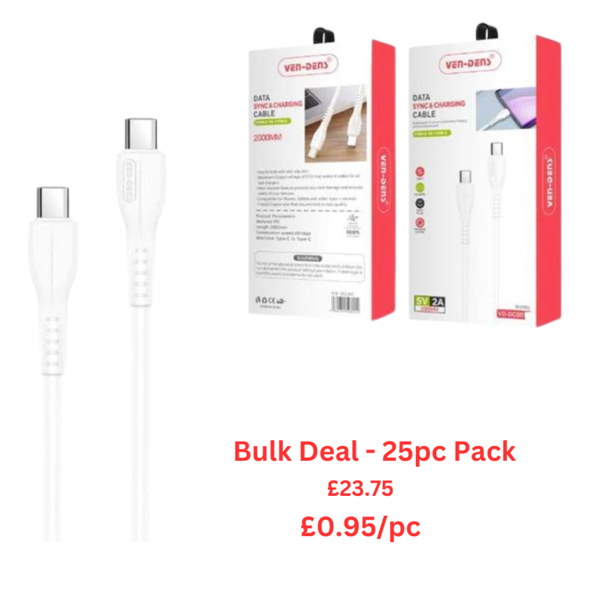 Ven-Dens Fast Charging Type C to Type C Cable - Bulk Deal 25pc Pack