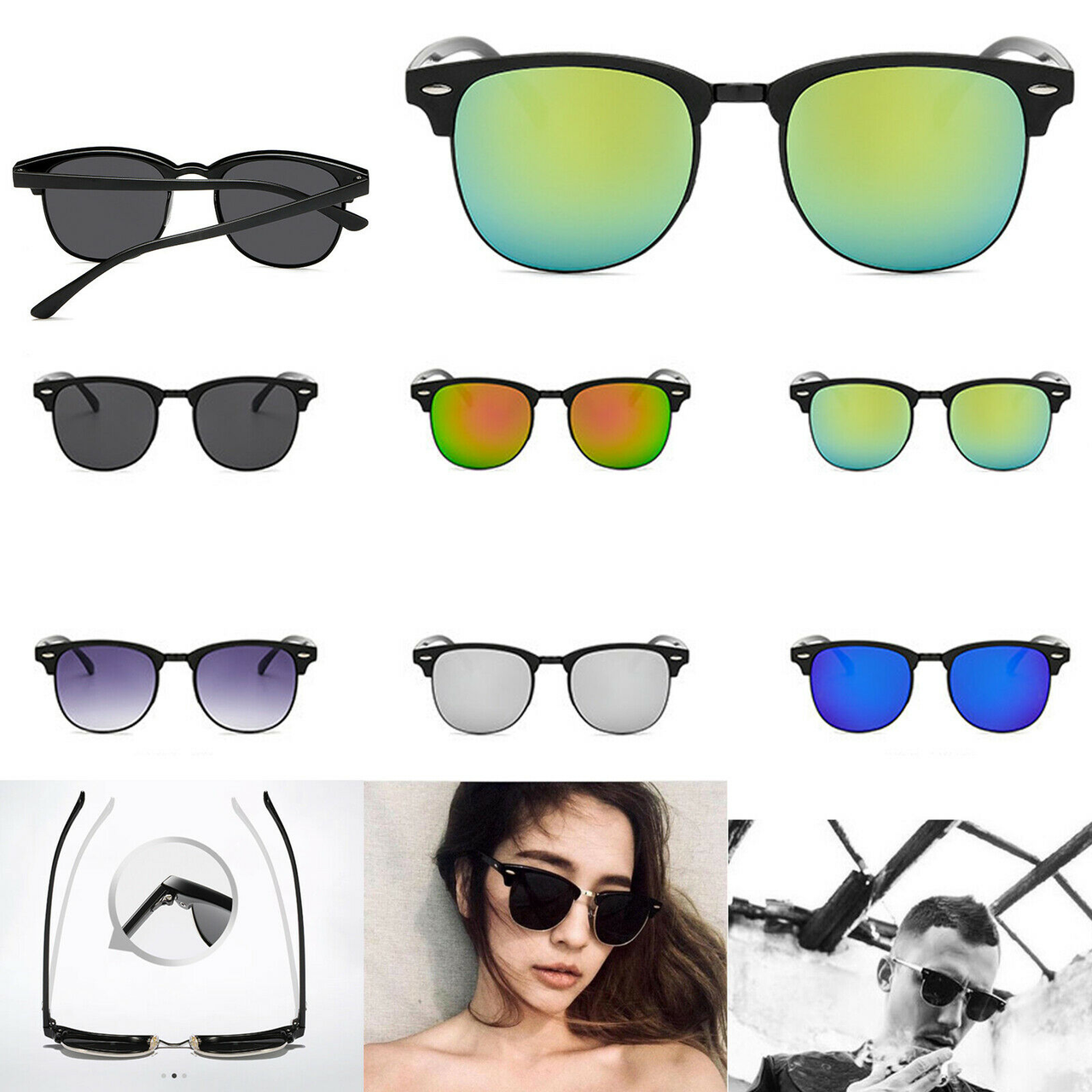 Mens Black Horn Rimmed Half Frame Polarised Driving Fishing Sunglasses UV400