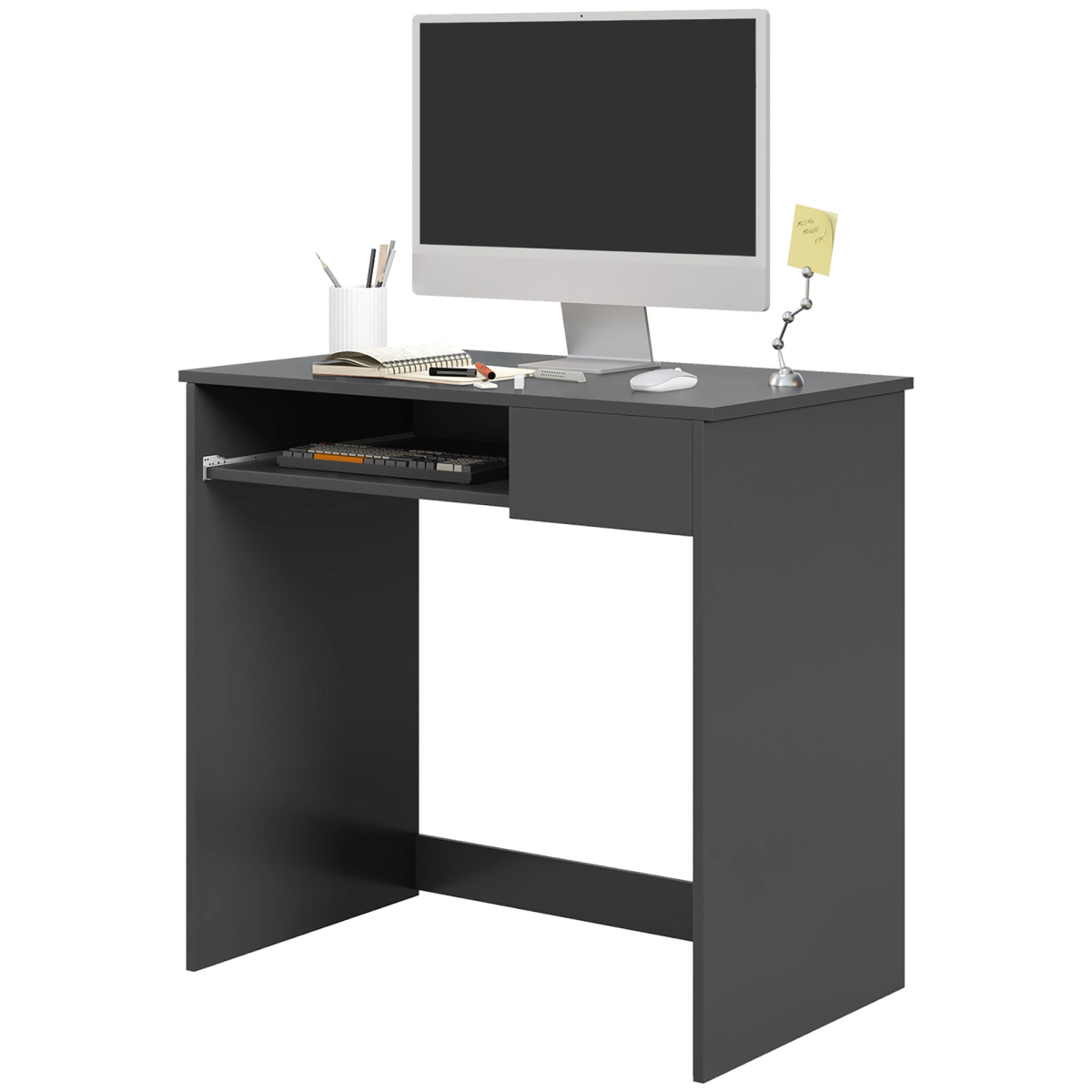 HOMCOM Compact Computer Table with Keyboard Tray Drawer Study Office Work, Grey