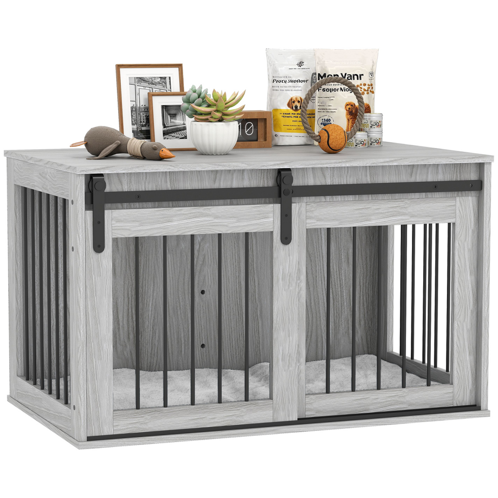 PawHut Dog Crate Furniture with Removable Cushion for Large Dogs - Grey