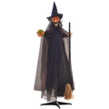 HOMCOM Halloween Witch with Broomstick Animatronic Prop with Light Up Eyes