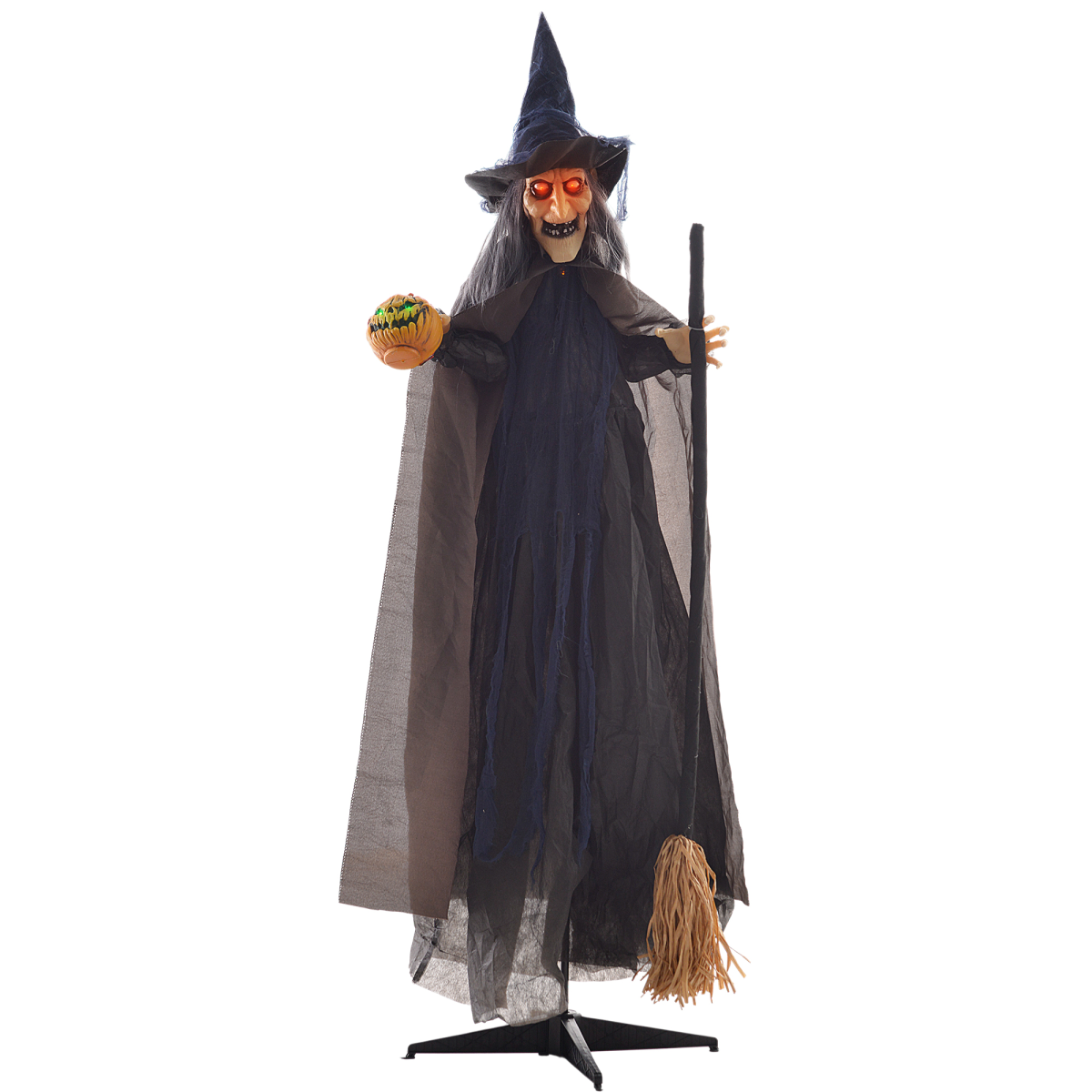 HOMCOM Halloween Witch with Broomstick Animatronic Prop with Light Up Eyes