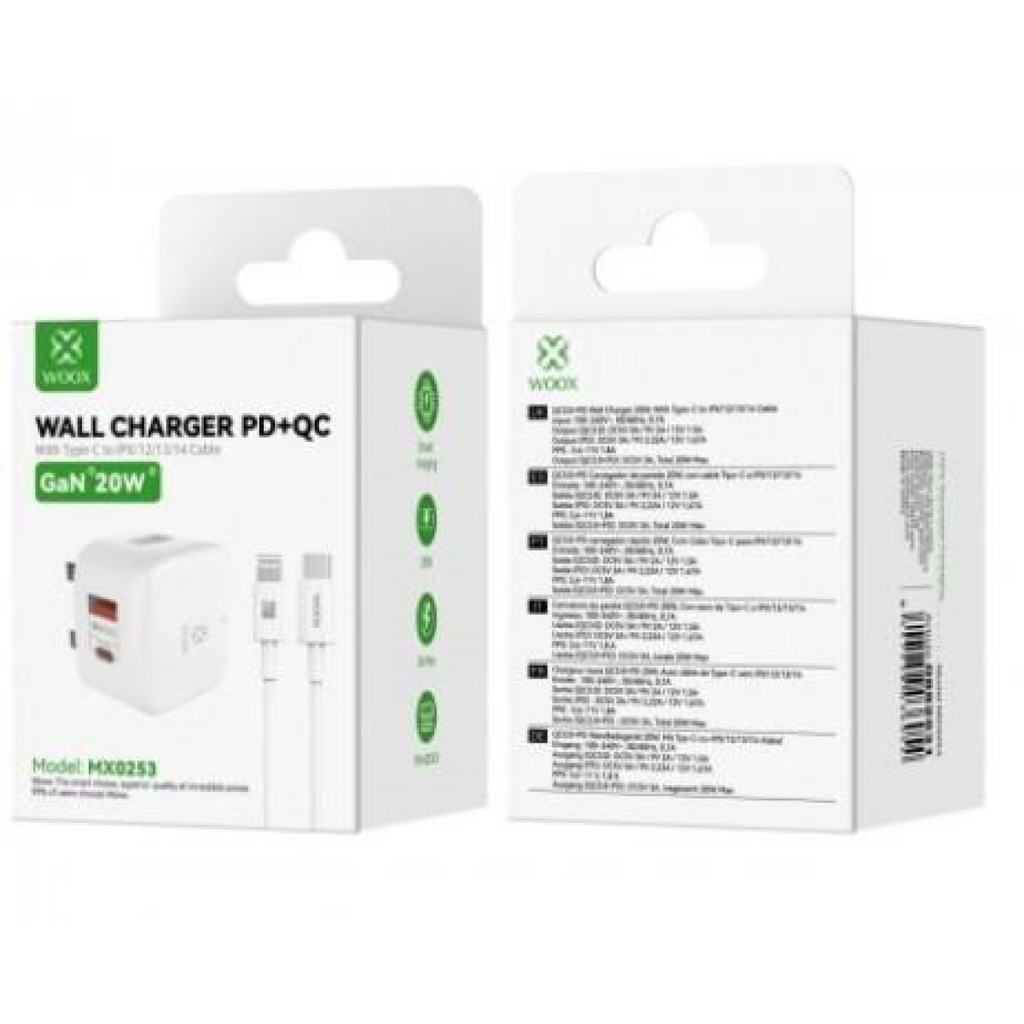 WOOX MX0253 20W PD+QC Home Charger with Type-C to Lightening Fast Cable, 5V 3A, White