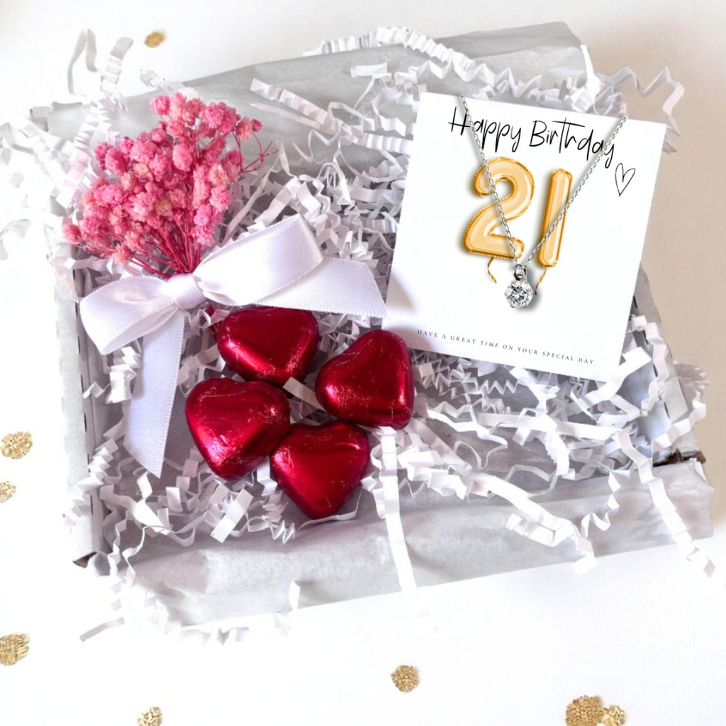 21st Birthday Cubic Zirconia Silver Necklace & Gold Balloons Mini Gift Hamper