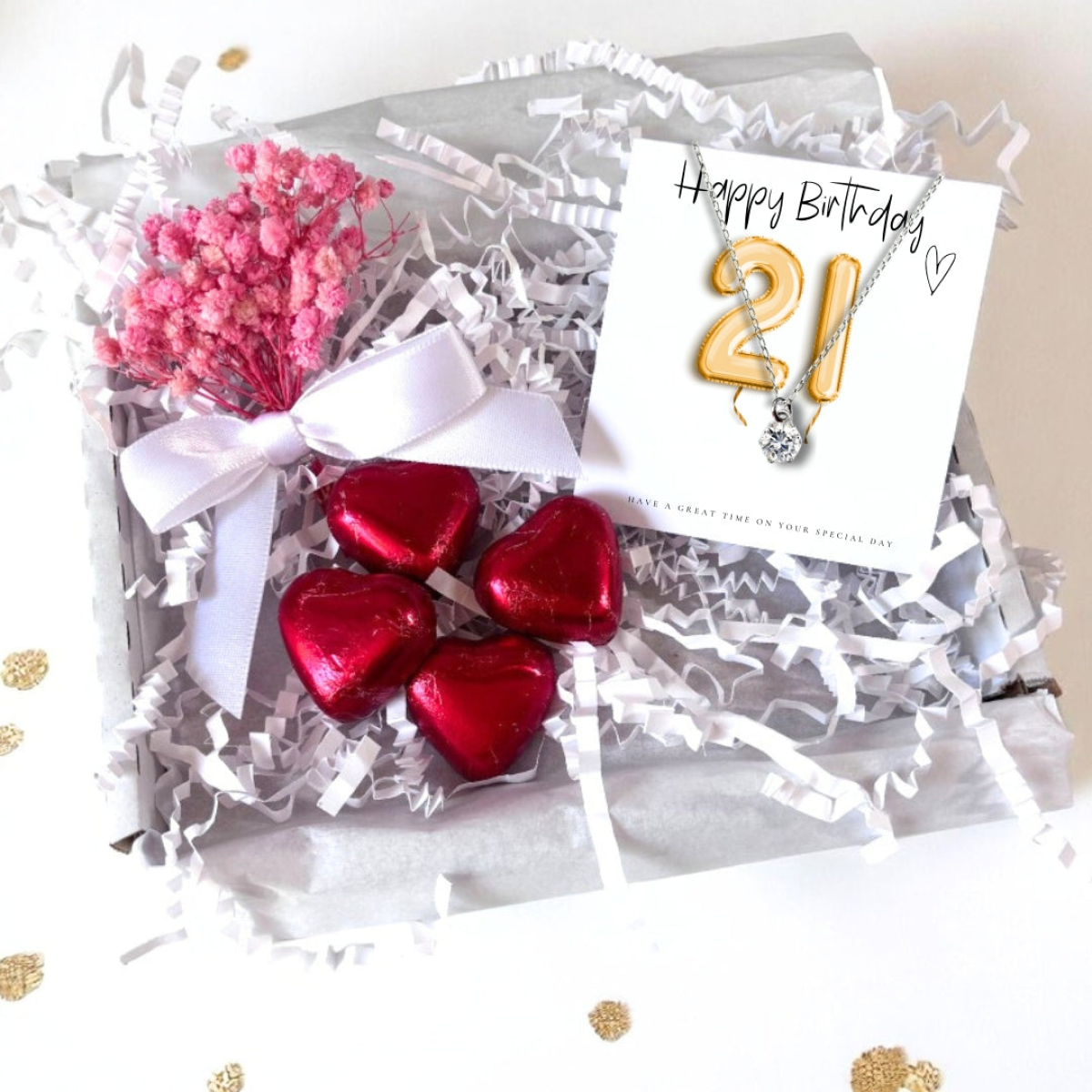 21st Birthday Cubic Zirconia Silver Necklace & Gold Balloons Mini Gift Hamper