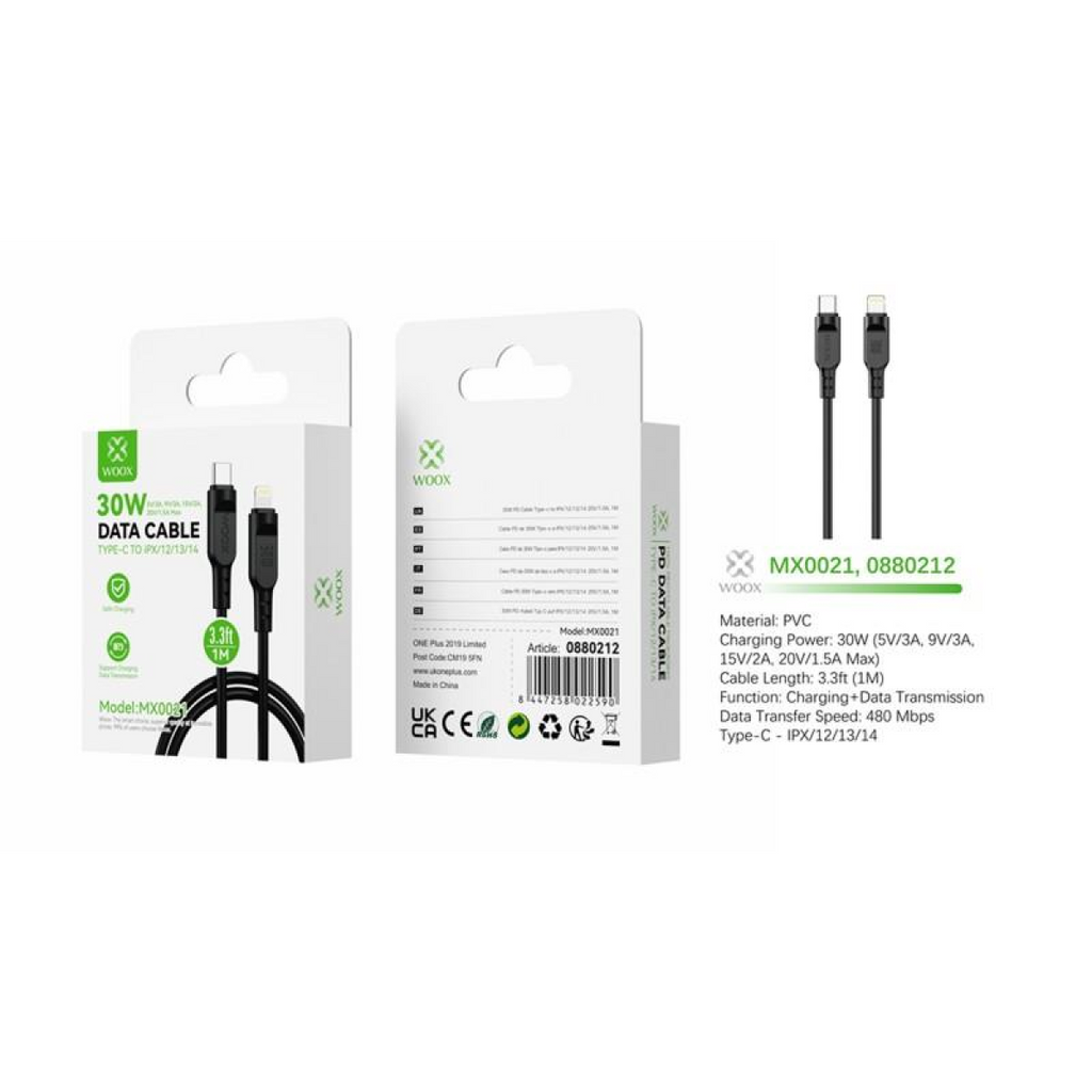 Woox Type C to Lightning PVC Data Cable, 30W, 6.6ft 2m, Black