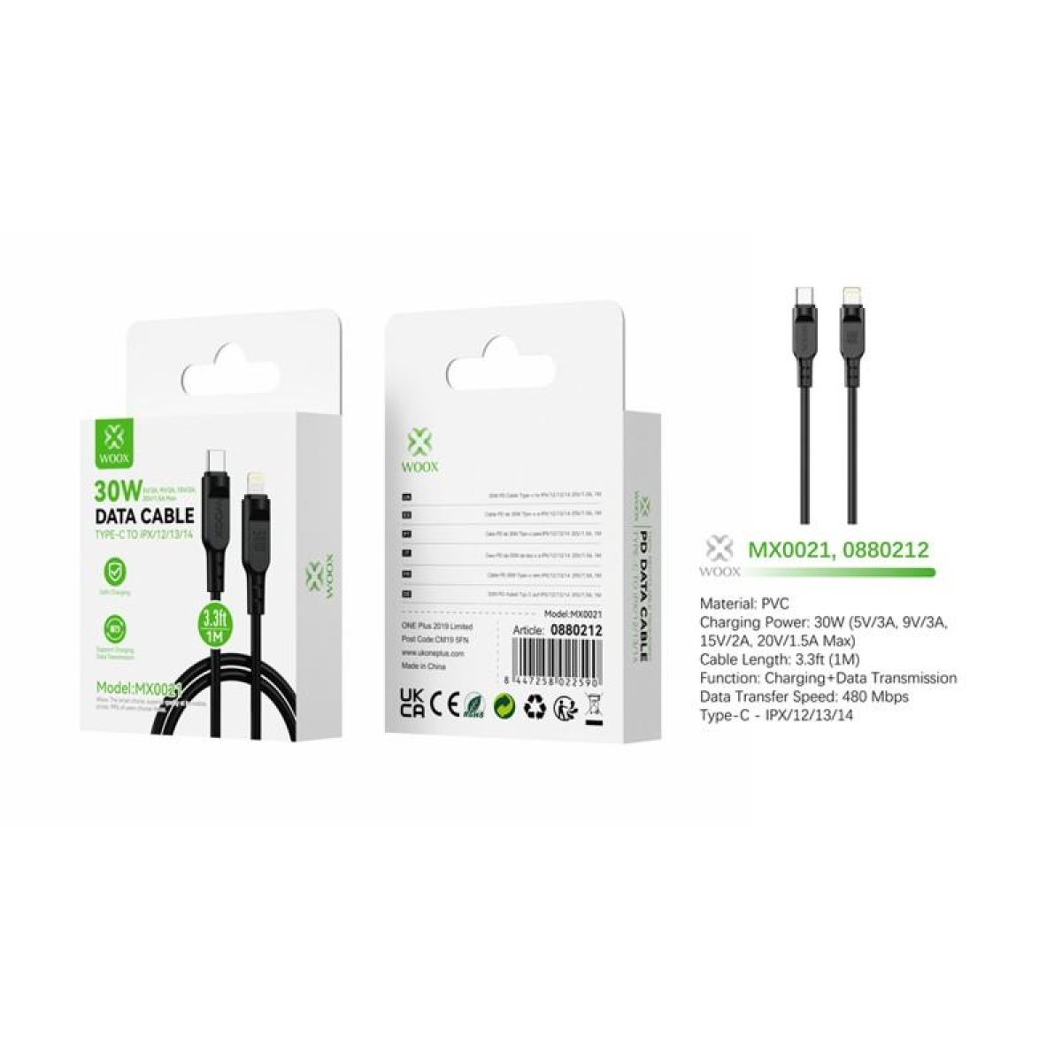 Woox Type C to Lightning PVC Data Cable, 30W, 6.6ft 2m, Black