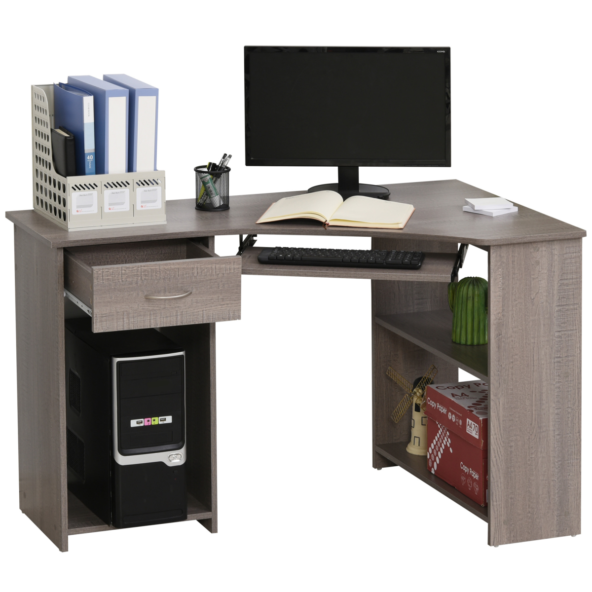 L-Shaped Corner Computer Desk & 2-Tier Side Shelves Wide Table Top Grey